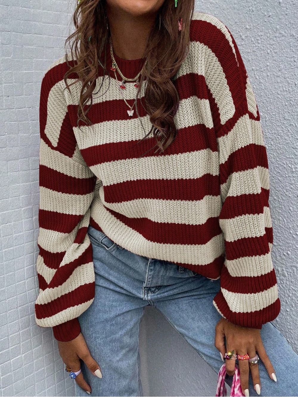 SHEIN Burgundy White Striped Oversized Knit Sweater size L